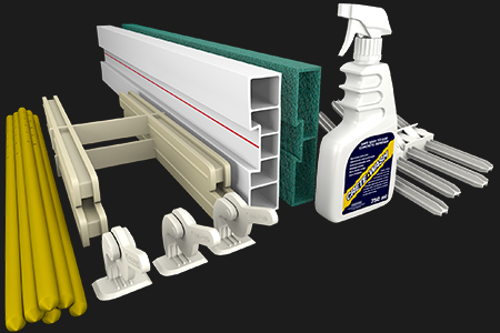 Con-Form 150mm Fibreform Kit including Flexible Formboards, Fibreform boards, accompanied by Crete-Wash Spray Bottle and various accessories.